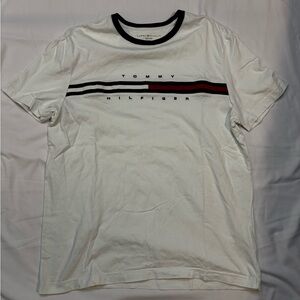 Tommy Hilfiger White Tee with Black and Red Stripes